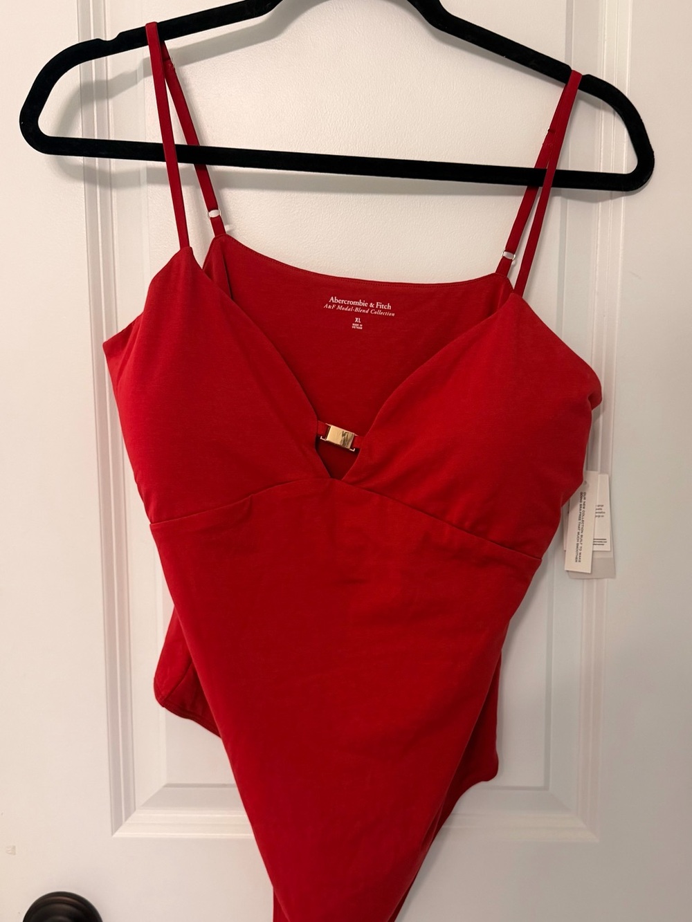 Abercrombie & Fitch Bright Red V-Neck Bodysuit with Gold Hardware